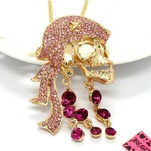 Rhinestone Pink Pirate Skull Crystal Pendant Necklace NWOT